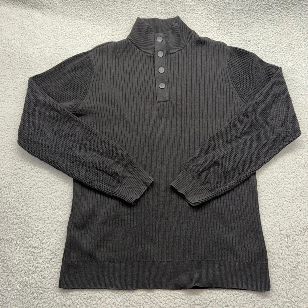 Express 400263 Mens Large Black Sweater Ribbed Knit Quarter Button Mock Neck